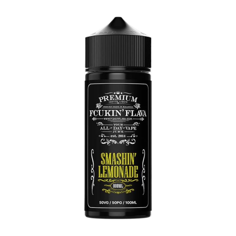 Flacon e-liquide 100ml Smashin' Lemonade Fcukin Flava, étiquette noire élégante avec lettrage jaune et bouchon noir.
