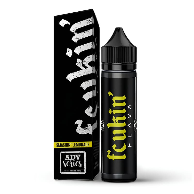 Flacon de 50ml et boîte noire Fcukin Flava Smashin' Lemonade avec logo jaune et design moderne.