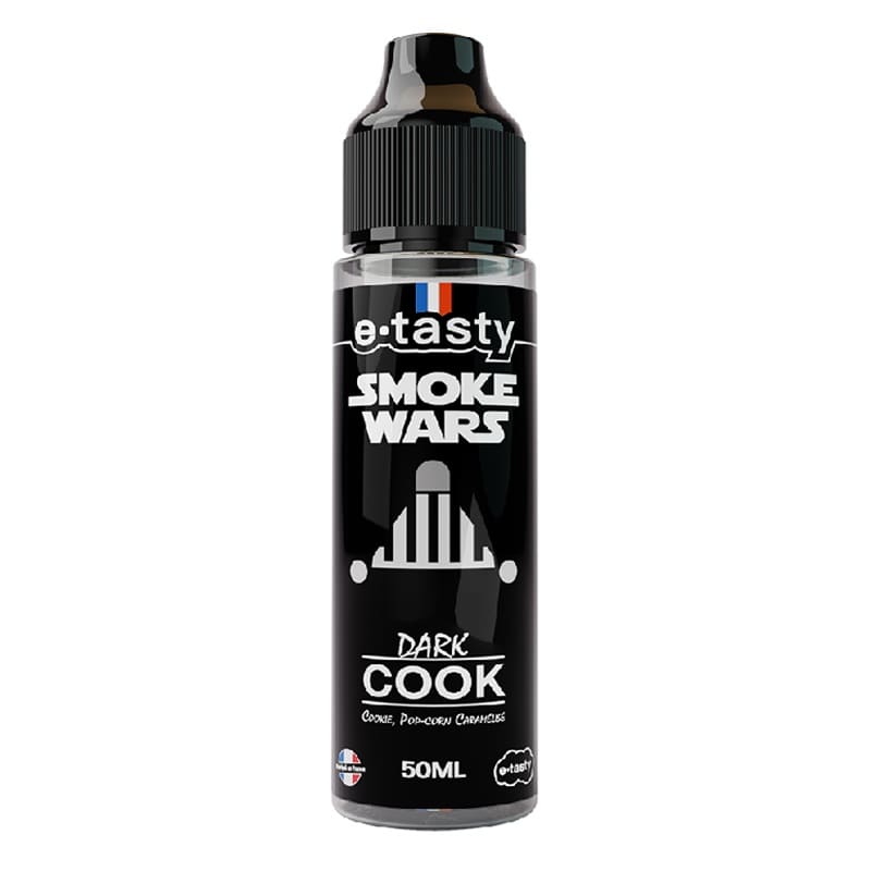Flacon d'e-liquide E.Tasty Smoke Wars Dark Cook 50ml avec étiquette noire et logo inspiré de la science-fiction.