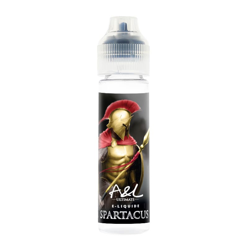 Flacon de 50ml A&L Ultimate Spartacus avec étiquette illustrée d'un guerrier en armure dorée et casque à crête rouge.