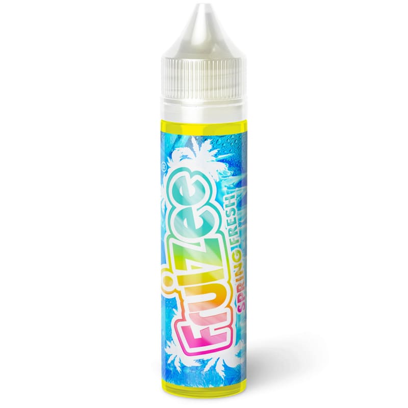 Flacon de 50ml E-liquide Fruizee Spring Fresh avec étiquette bleue tropicale, logo coloré et bouchon transparent.