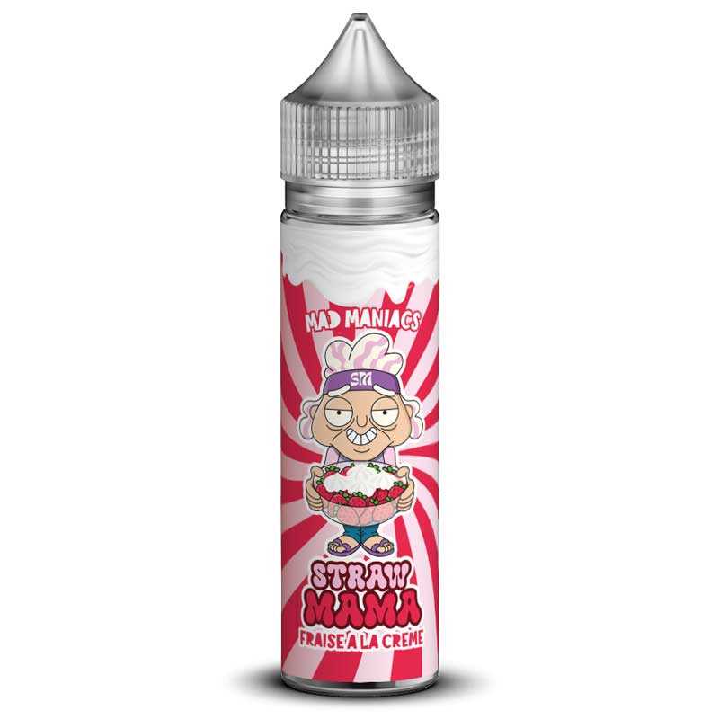 Flacon d'e-liquide Mad Maniacs Straw Mama 50ml avec étiquette rose à rayures et illustration de grand-mÚre tenant un fraisier.