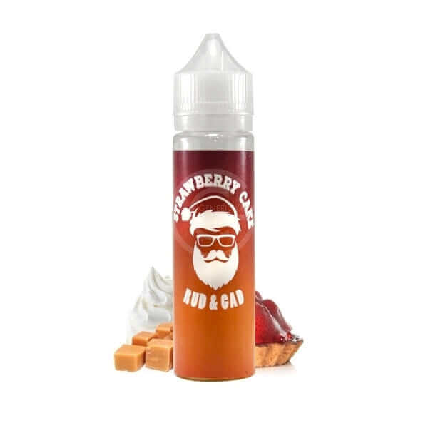 Flacon de 50ml E-liquide Rud & Gad Strawberry Cake avec étiquette dégradé rouge et logo barbe blanche sur fond blanc.
