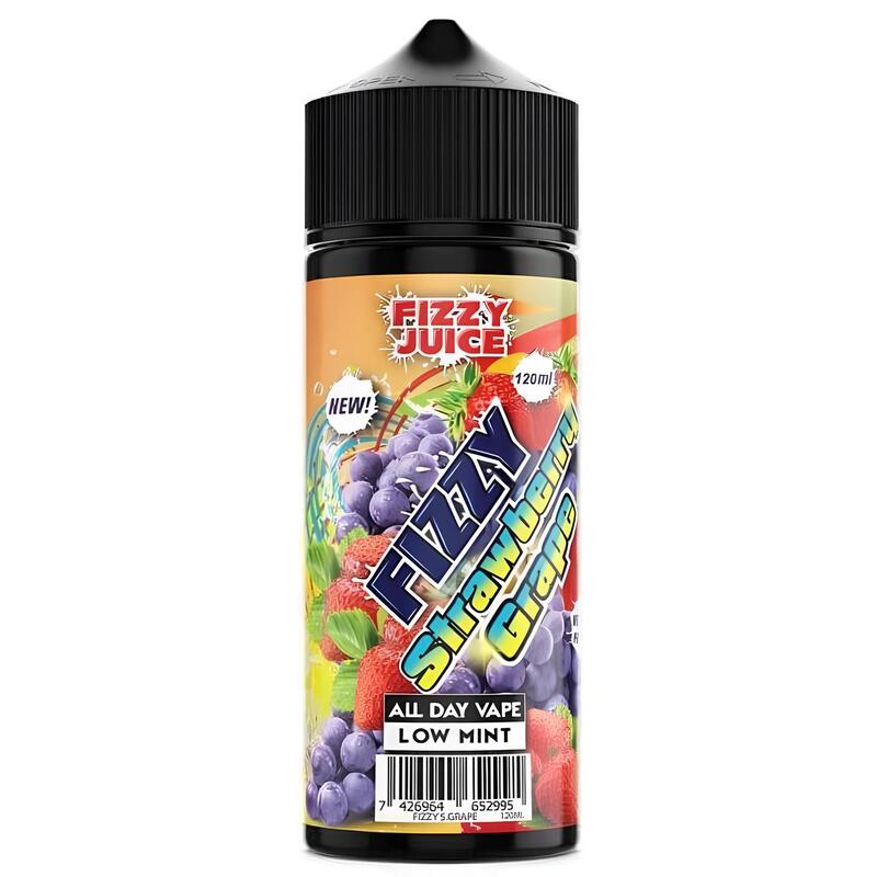 Flacon de 100ml Fizzy Strawberry Grape avec étiquette colorée illustrant des fraises et raisins frais sur fond blanc.