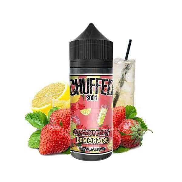 Flacon de 100ml d'e-liquide Chuffed Strawberry Lemonade avec étiquette rose, fraises fraîches et tranches de citron.