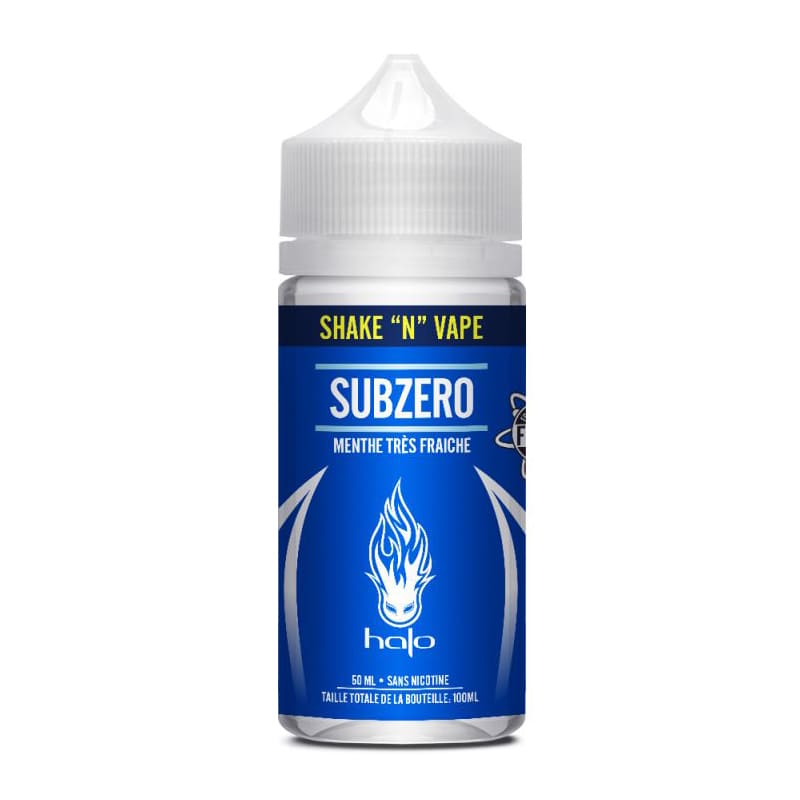 Flacon d'e-liquide Halo Subzero 50ml avec étiquette bleue, bouchon blanc et logo de flamme blanche sur fond transparent.