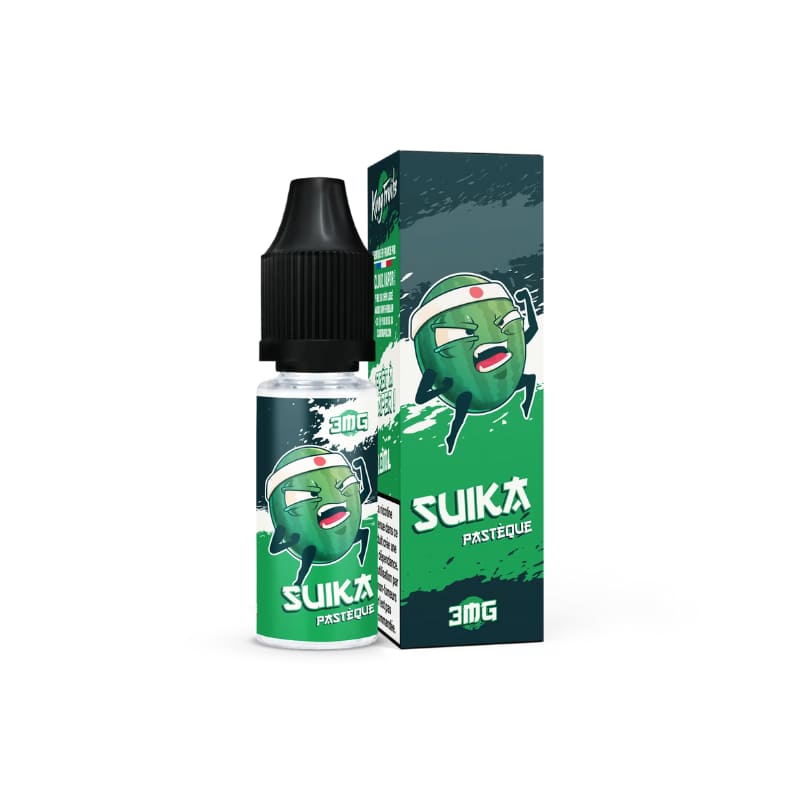 Flacon d'e-liquide 10ml Kung Fruits Suika avec sa boîte verte illustrée d'une pastèque style manga, bouchon noir.