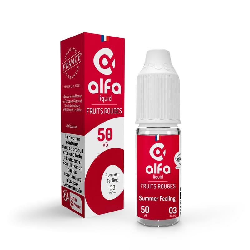 Flacon de 10ml et boîte rouge Alfaliquid Summer Feeling, e-liquide fruité pastèque et fraise, ratio 50/50 PG/VG.