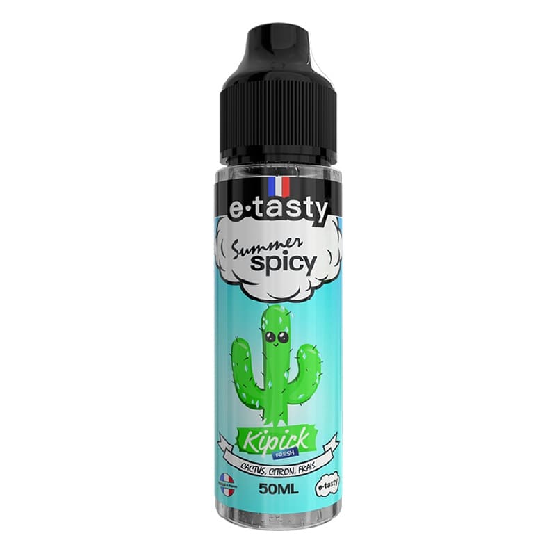 Flacon d'e-liquide E.Tasty Summer Spicy Kipick 50ml avec étiquette bleue illustrée d'un cactus souriant et bouchon noir.