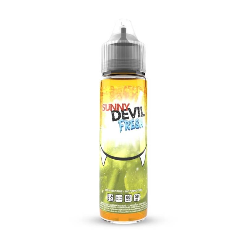 Flacon de 50ml Sunny Devil Fresh Summer AVAP, e-liquide jaune et vert avec illustration de crocs de diable.