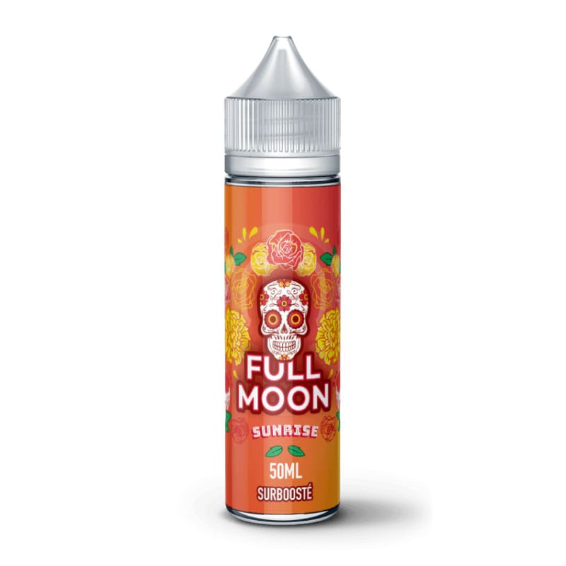 Flacon de 50ml Full Moon Sunrise avec étiquette orange ornée d'un crâne mexicain et de fleurs, bouchon blanc sécurisé.