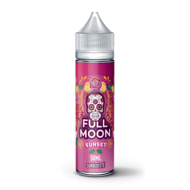 Flacon de 50ml Full Moon Sunset avec étiquette rose ornée d'un crâne mexicain et de motifs floraux colorés.