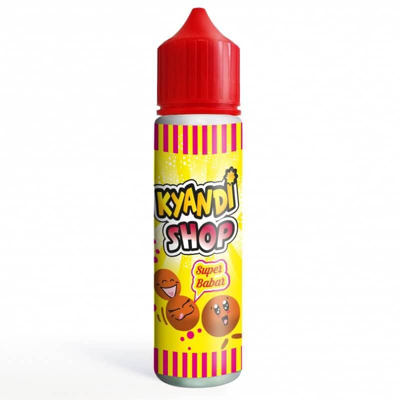 Flacon de 50ml Super Babar Kyandi Shop avec bouchon rouge et étiquette jaune illustrée de bonbons au caramel.