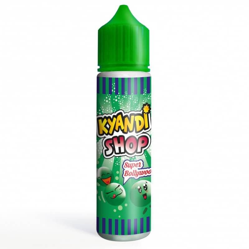 Flacon de 50ml Kyandi Shop Super Bollywood avec bouchon vert, étiquette illustrée de chewing-gums verts et texte coloré.