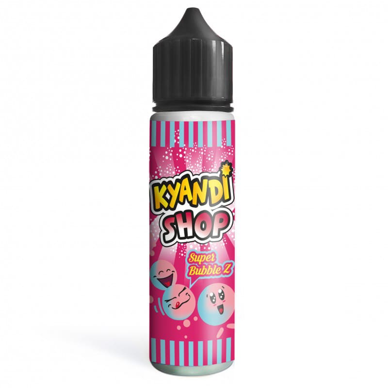 Flacon d'e-liquide Kyandi Shop Super Bubble Z 50ml avec étiquette rose et bleue illustrée de bonbons acidulés.