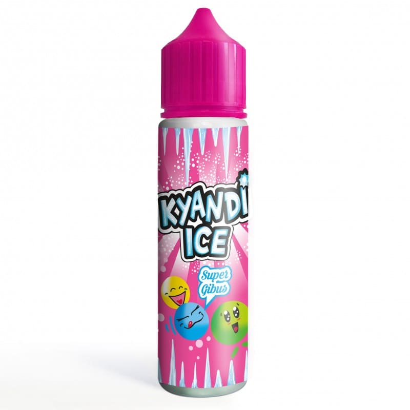 Flacon de 50ml Super Gibus ICE Kyandi Shop avec bouchon rose, étiquette colorée à motifs bonbons et stalactites de glace.