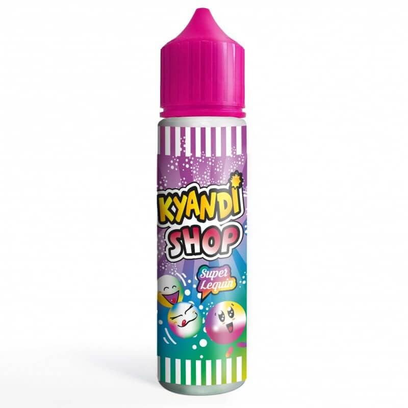 Flacon de 50ml d'e-liquide Super Lequin Kyandi Shop avec bouchon rose et étiquette colorée aux motifs de bonbons acidulés.