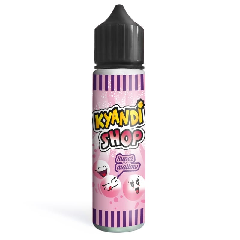 Flacon de 50ml d'e-liquide Kyandi Shop Super Mallow avec étiquette rose, motifs de guimauves souriantes et bouchon noir.