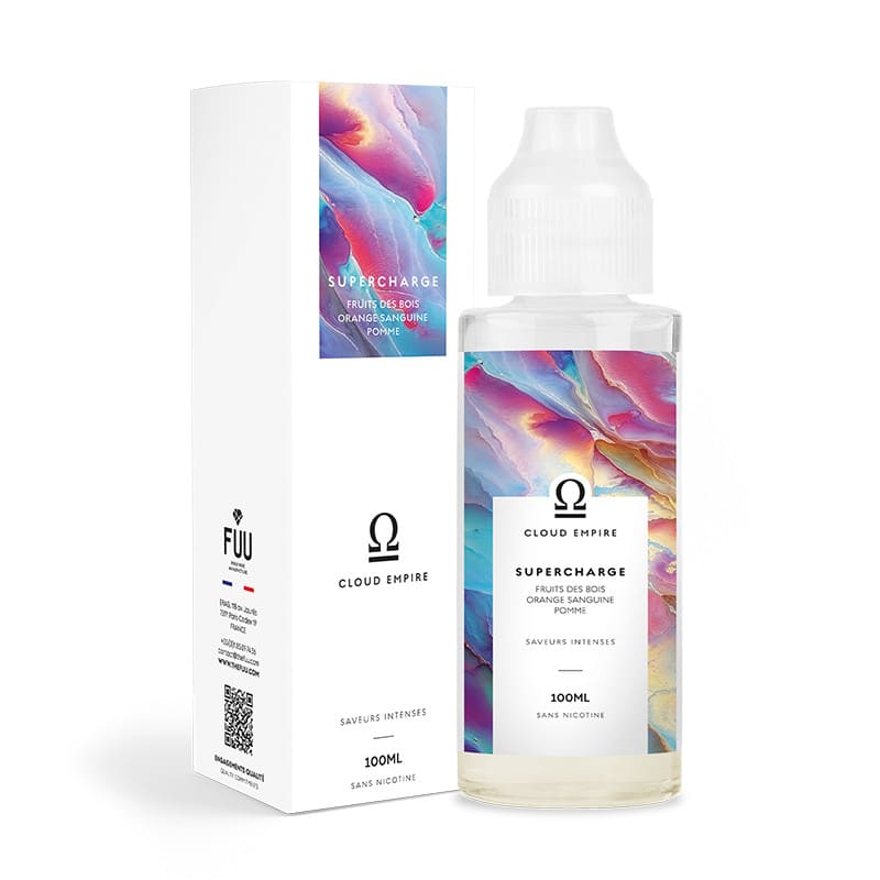 Flacon d'e-liquide Supercharge 100ml Cloud Empire FUU avec étiquette colorée abstraite et boîte blanche assortie.