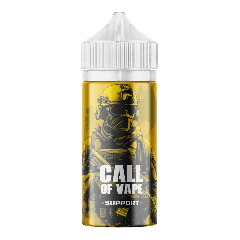 Flacon de 100 ml d'e-liquide Call of Vape Support avec étiquette jaune illustrée d'un soldat et bouchon blanc sécurisé.