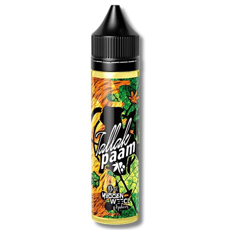 Flacon de 50ml d'e-liquide Tallak Paam Weecl avec étiquette colorée à motifs de feuilles et bouchon noir.