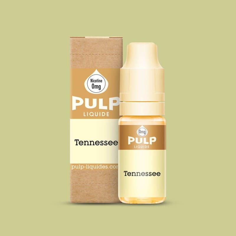 Flacon de 10 ml d'e-liquide PULP Tennessee avec sa boîte en carton kraft, étiquette beige et bouchon crème.