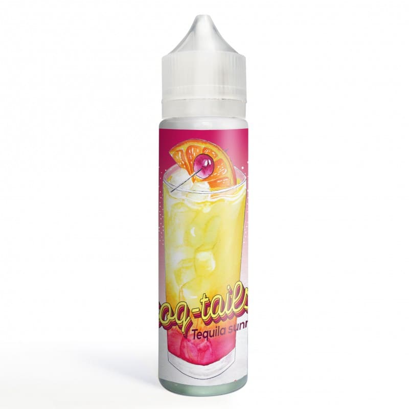 Flacon de 50ml d'e-liquide Tequila Sunrise Le Coq Qui Vape avec étiquette illustrée d'un cocktail orange et grenadine.