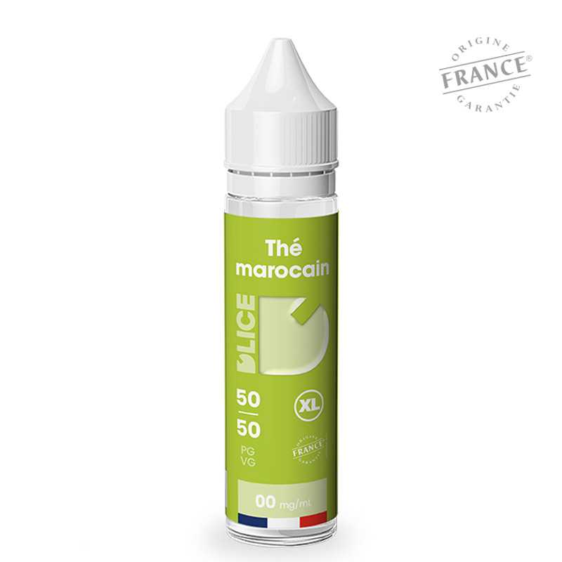 Flacon d'e-liquide D'LICE XL Thé Marocain 50ml avec étiquette verte, bouchon blanc et logo Origine France Garantie.