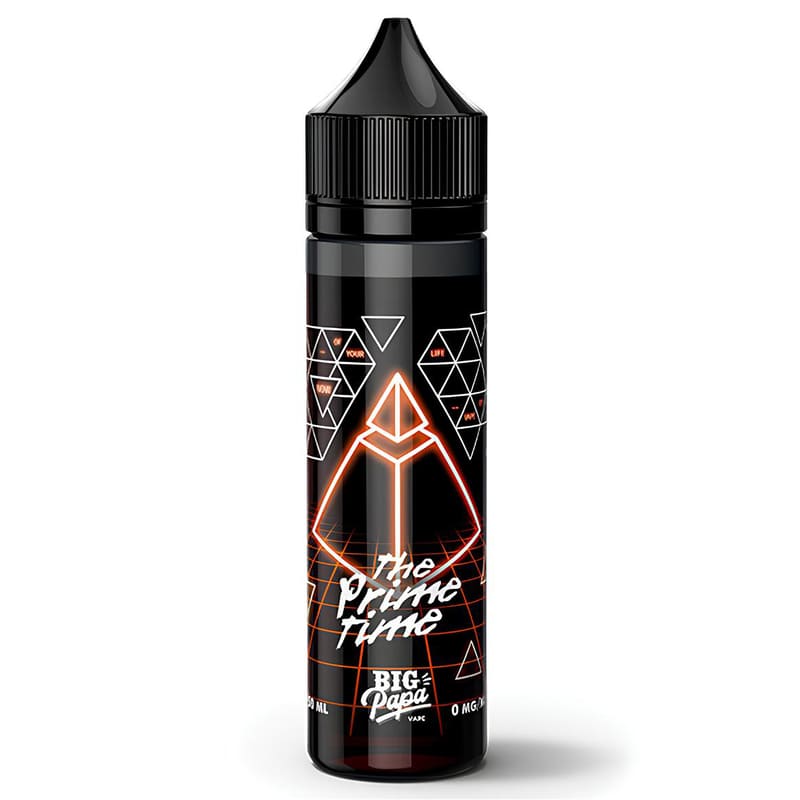 Flacon de 50ml The Prime Time Big Papa avec étiquette noire, motifs géométriques orange néon et bouchon noir.