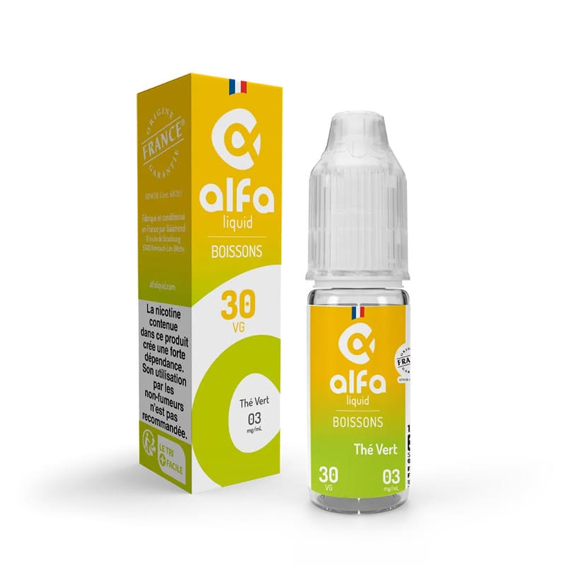 Flacon de 10ml d'e-liquide Alfaliquid Thé Vert avec son emballage jaune et vert, bouchon transparent et étiquette informative.