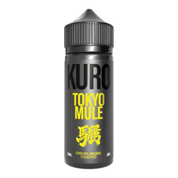 Flacon d'e-liquide Kuro Tokyo Mule 80ml noir avec typographie jaune vive et bouchon noir sécurité enfant.