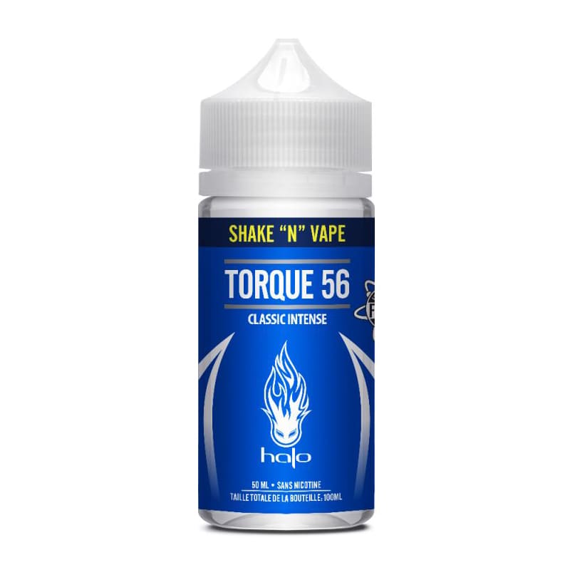 Flacon de 50 ml d'e-liquide Torque 56 Halo avec étiquette bleue, logo flamme blanc et bouchon de sécurité transparent.