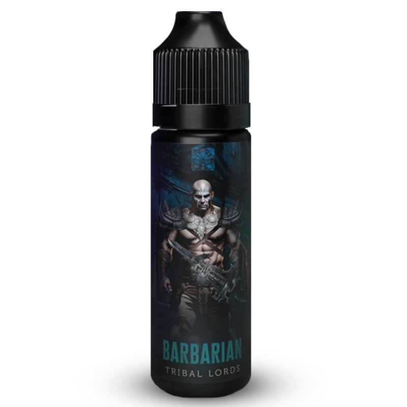 Flacon de 50ml Tribal Lords Barbarian avec étiquette illustrée d'un guerrier, bouchon noir et design sombre.