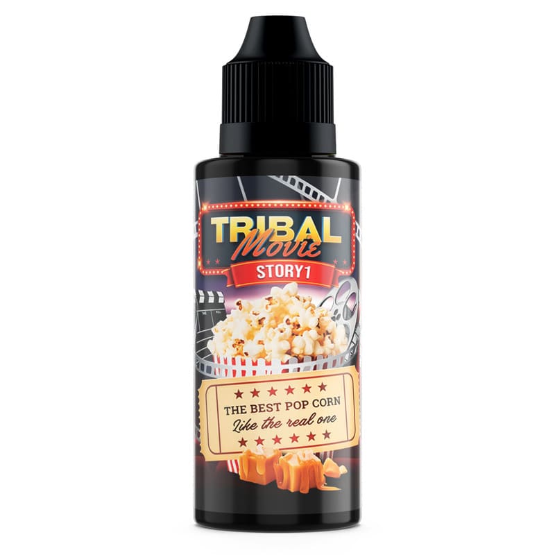 Flacon de 100ml Tribal Movie Story 1 avec étiquette illustrée de pop-corn et caramel, bouchon noir, style cinéma.
