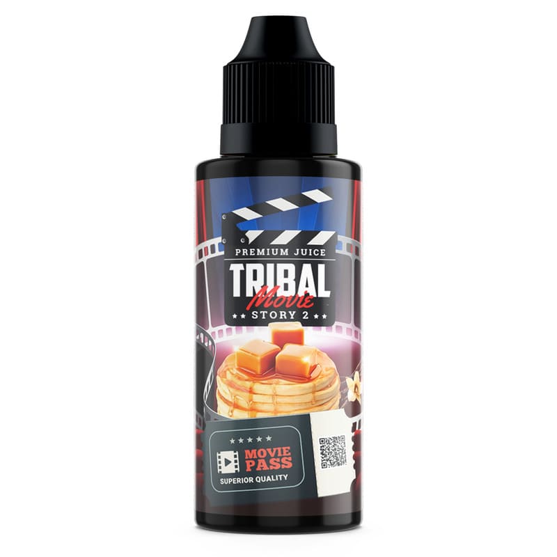 Flacon de 100ml Tribal Movie Story 2 avec étiquette illustrant un pain perdu au caramel sur fond de pellicule de film.