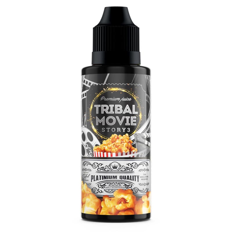 Flacon de 100ml E-liquide Tribal Movie Story 3 avec étiquette noire, motif pop-corn et design inspiré du cinéma.