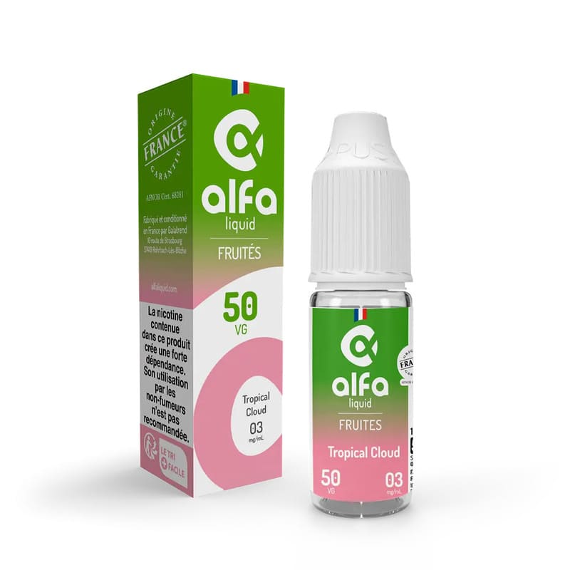 Flacon d'e-liquide Alfaliquid Tropical Cloud 10ml avec sa boîte verte et rose, ratio 50/50 PG/VG et bouchon blanc.