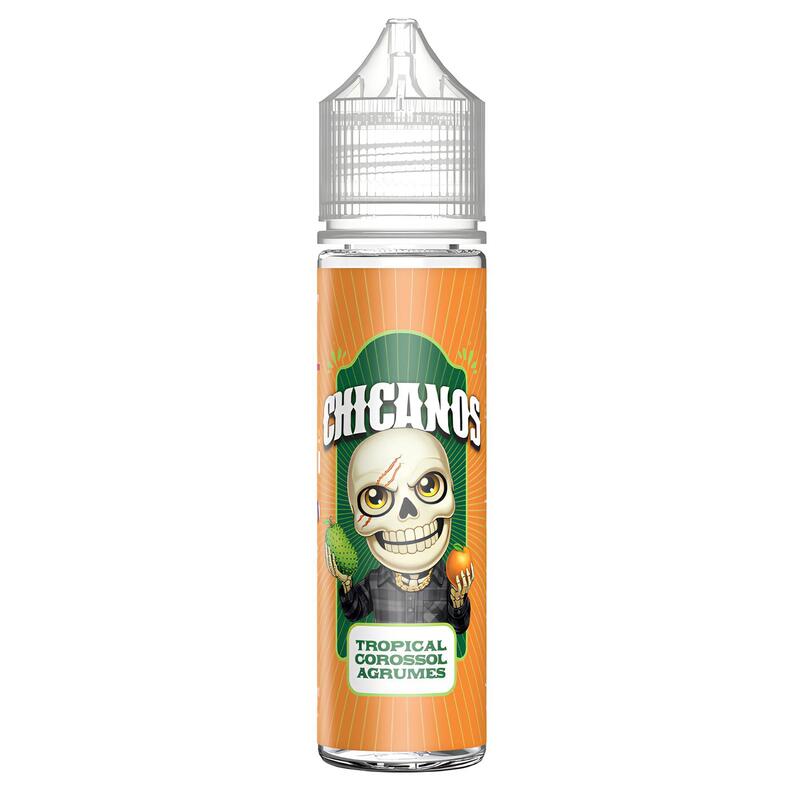 Flacon d'e-liquide Chicanos Tropical Corossol Agrumes avec étiquette orange illustrée d'un crâne tenant des fruits exotiques.