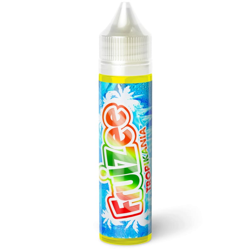 Flacon d'e-liquide Fruizee Tropikania 50ml avec étiquette bleue tropicale, logo coloré et bouchon transparent.