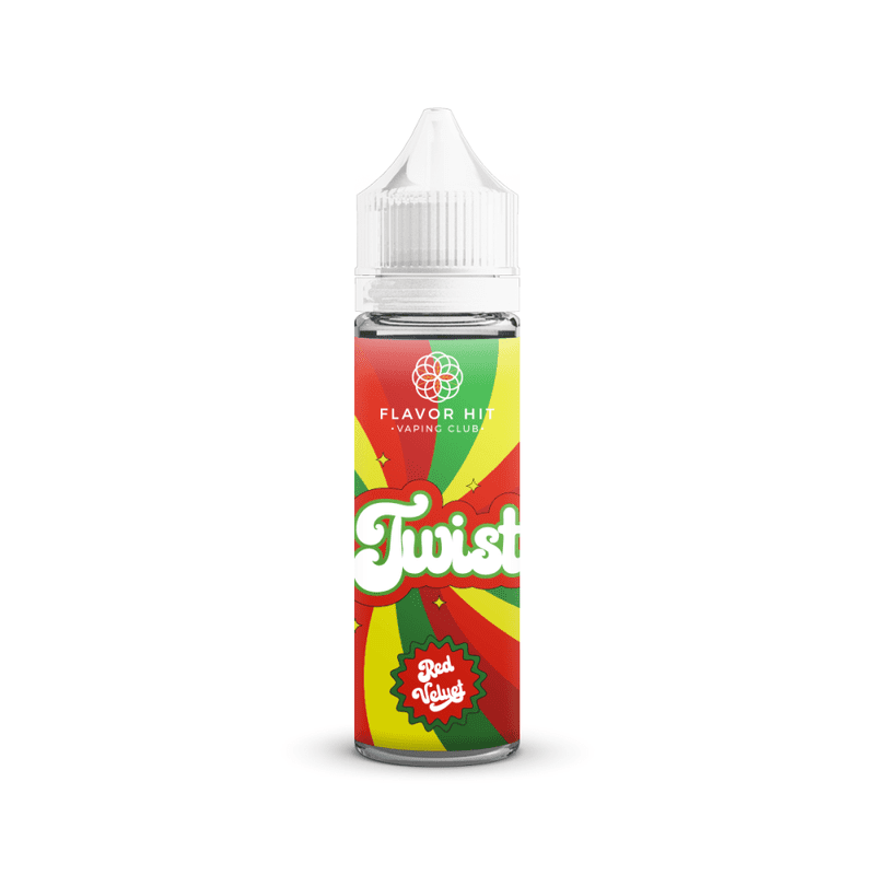 Flacon de 50ml Flavor Hit Twist Red Velvet avec étiquette colorée rouge, jaune et verte sur fond blanc.