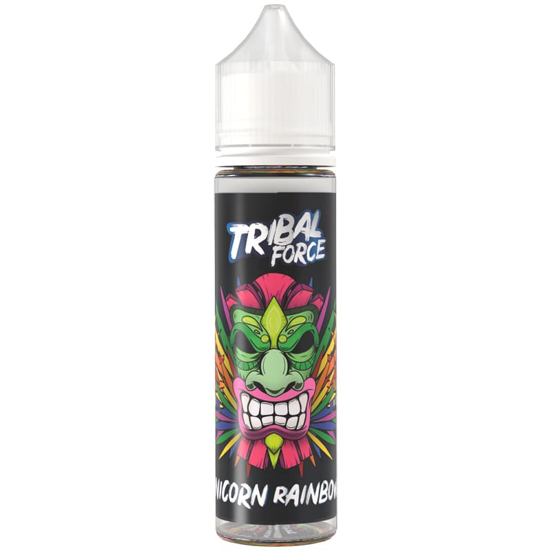 Flacon de 50ml d'e-liquide Unicorn Rainbow Tribal Force avec étiquette noire illustrée d'un masque tribal coloré.
