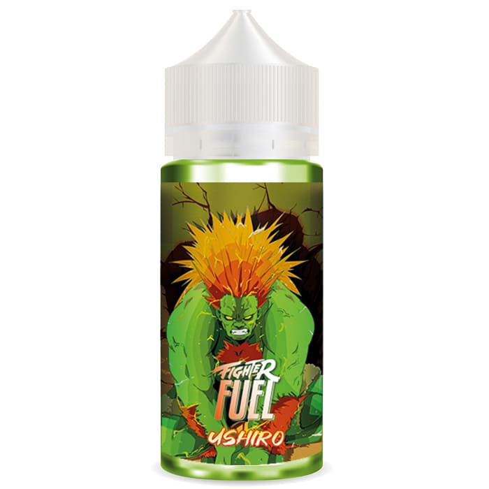 Flacon de e-liquide Ushiro Fighter Fuel avec illustration de personnage vert aux cheveux orange sur fond sombre.