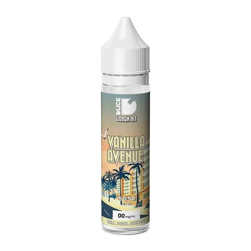 Flacon d'e-liquide 50ml D'LICE Vanilla Avenue avec étiquette illustrée style ville côtière et bouchon blanc.