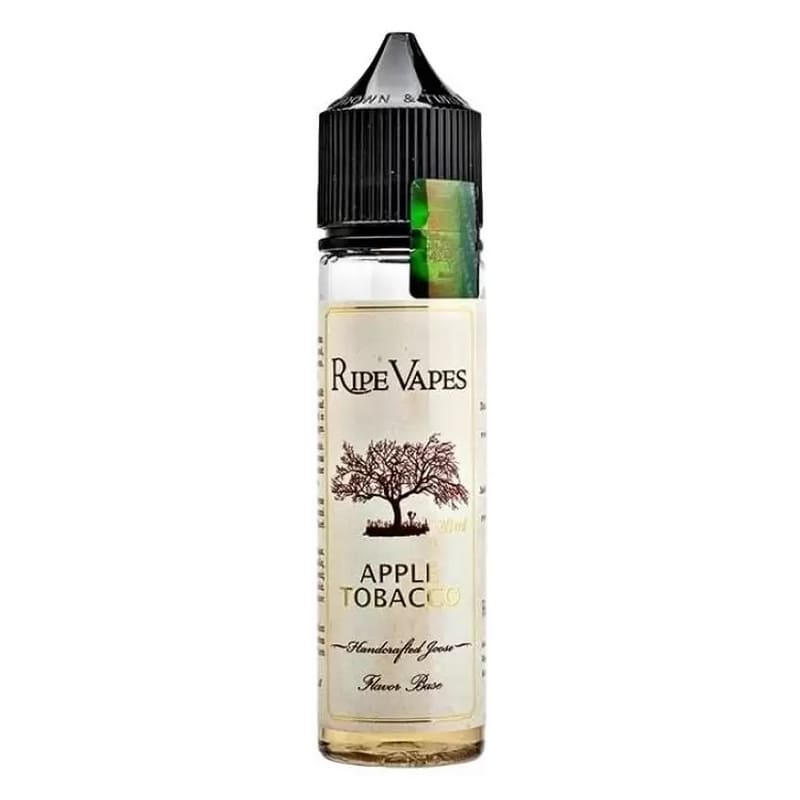 Flacon unicorn de 50 ml Ripe Vapes VCT Apple Tobacco avec étiquette crÚme, logo arbre et bouchon noir sur fond blanc.