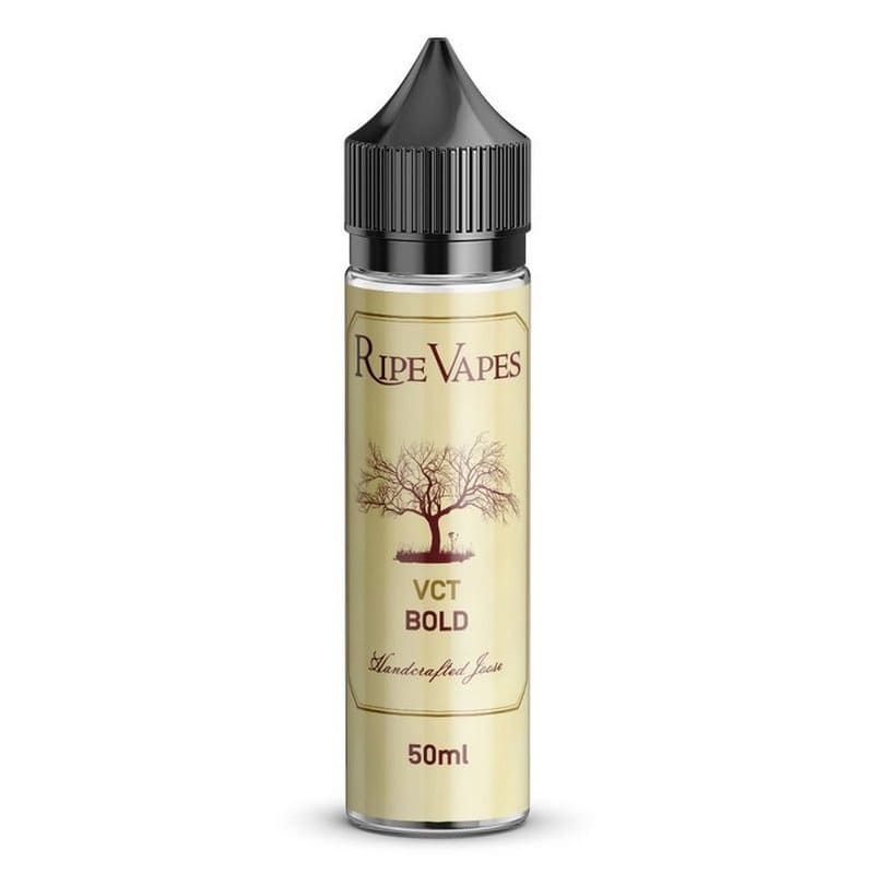 Flacon unicorn de 50 ml Ripe Vapes VCT Bold avec étiquette crème, logo arbre et bouchon noir sur fond blanc.