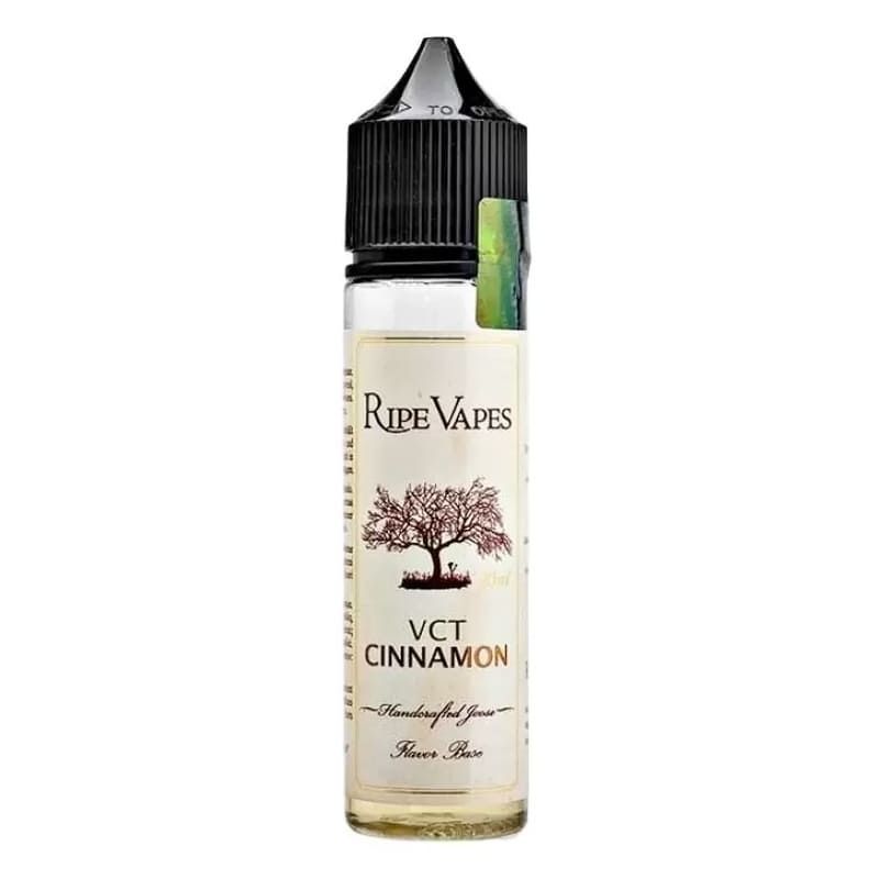 Flacon de 50ml d'e-liquide Ripe Vapes VCT Cinnamon avec étiquette beige, logo arbre et bouchon noir sécurisé.