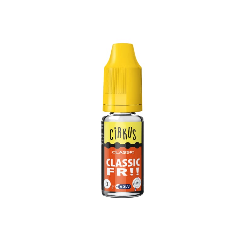 Flacon d'e-liquide VDLV Cirkus Classic FR 10ml avec bouchon jaune et étiquette orange sur fond blanc.