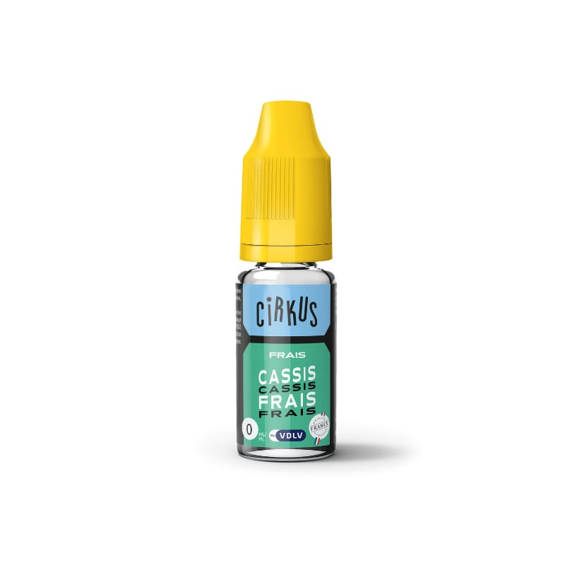 Flacon de 10 ml d'e-liquide VDLV Cirkus Cassis Frais avec bouchon jaune et étiquette bleue et verte.