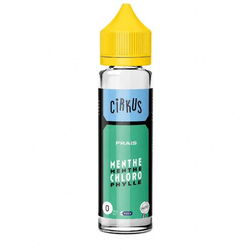 Flacon de 50ml d'e-liquide Cirkus Menthe Chlorophylle avec bouchon jaune et étiquette verte et bleue sur fond blanc.