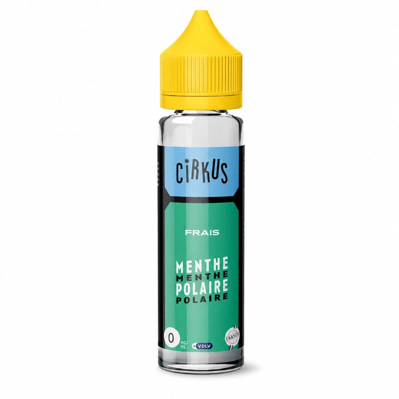Flacon de 50ml d'e-liquide Cirkus Menthe Polaire avec bouchon jaune et étiquette verte sur fond blanc.